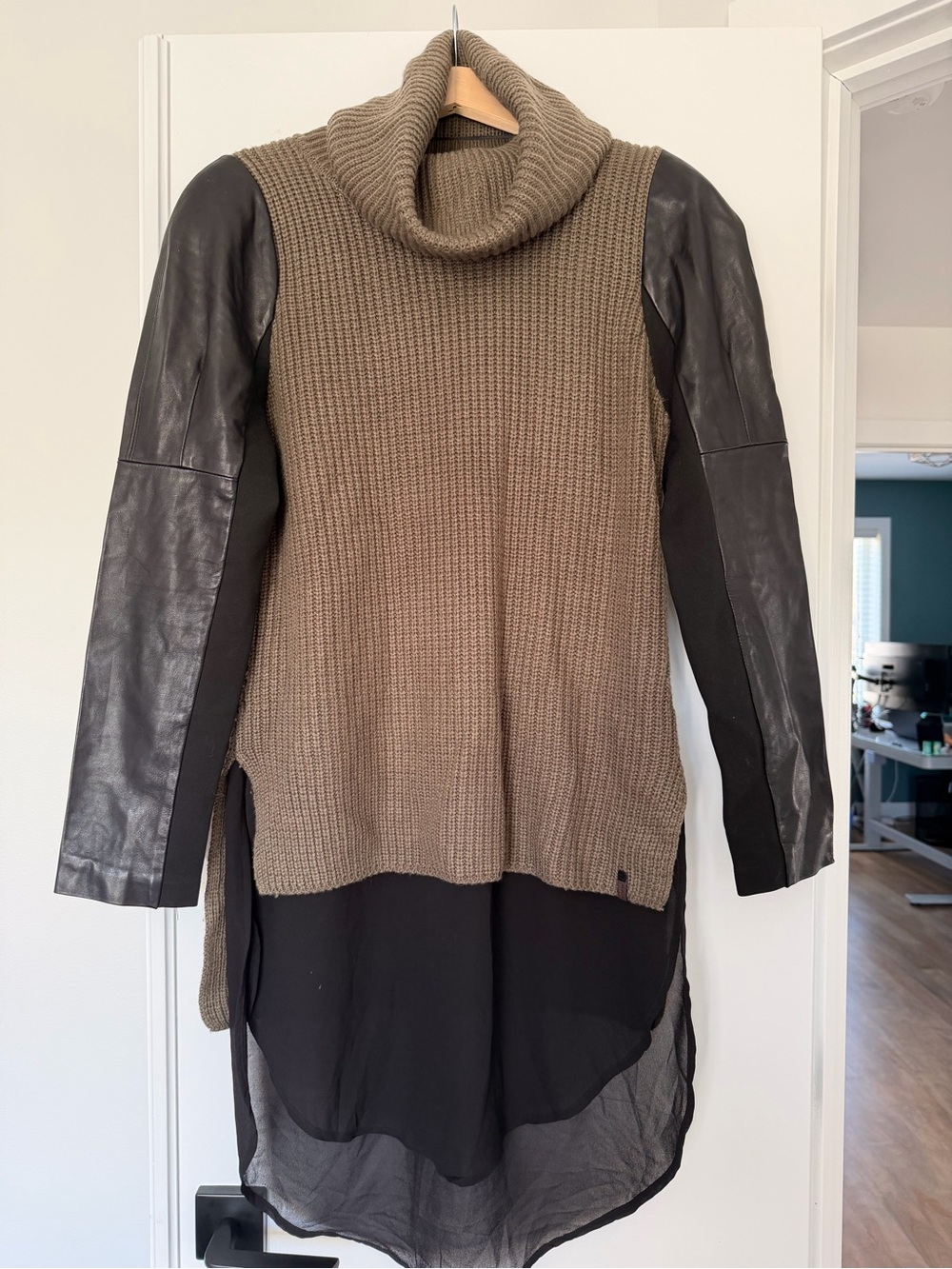 RUDSAK Women's Ribbed Cowl Sweater in olive green with leather sleeves